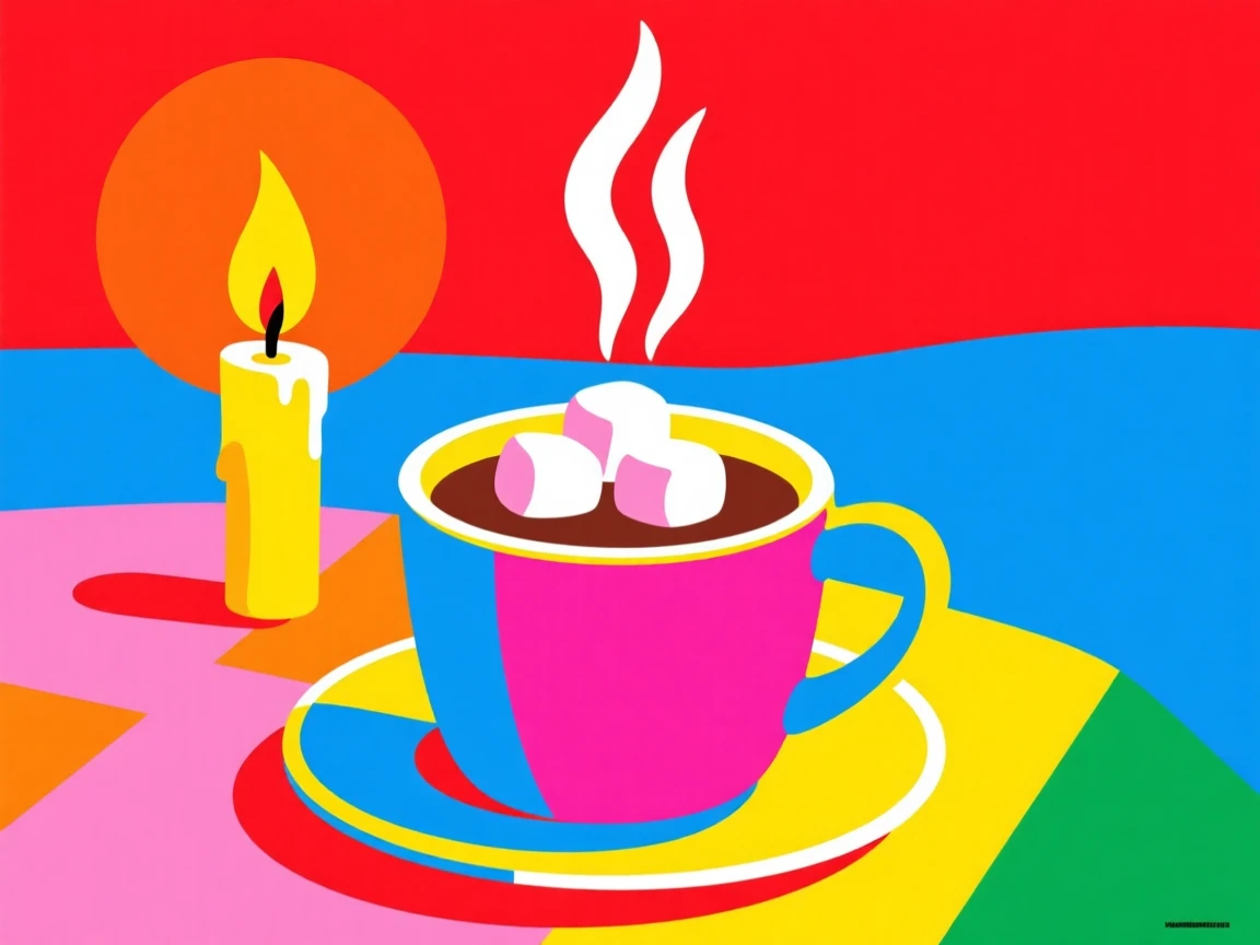 Winter hot chocolate with marshmallows by candlelight