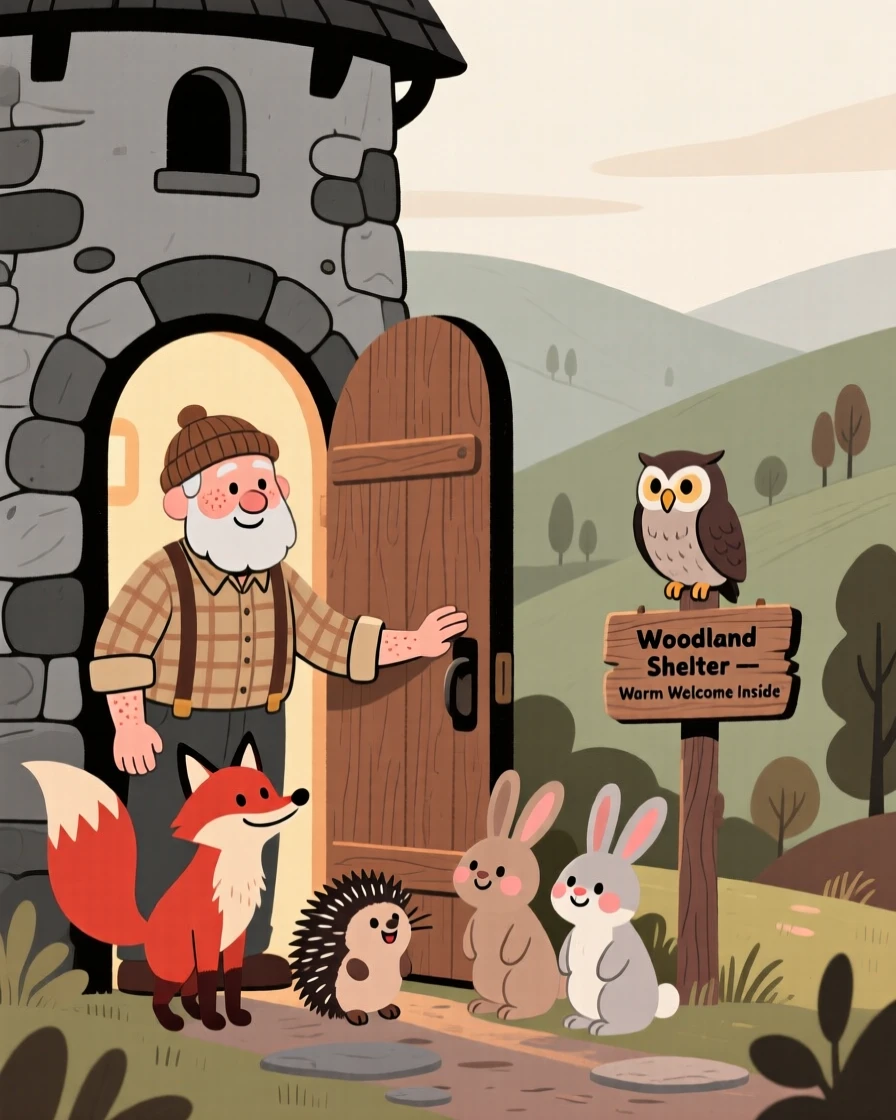A kind old woodcutter stands at the door of a stone tower tucked into a quiet valley, welcoming a group of woodland animals inside from the cold.