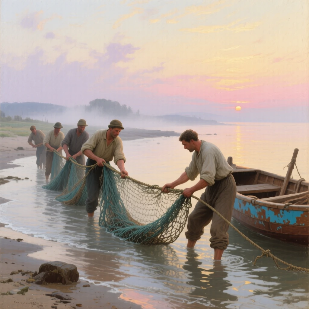 A well-framed scene of a group of fishermen hauling in a heavy net at dawn, at the start of a humid summer, at dawn.