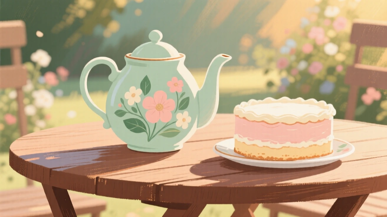 A tea garden table set with a floral teapot and fresh cake