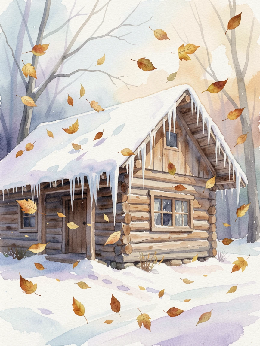 A winter wonderland with icicles hanging from a cabin roof as golden autumn leaves drift in the breeze.