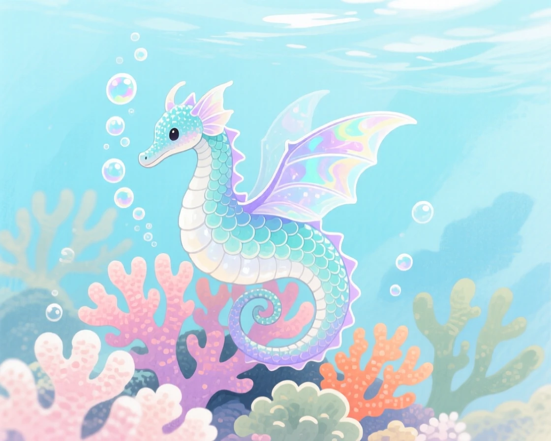 A miniature sea dragon curls around a coral reef, fins trailing shimmering bubbles through crystal clear water