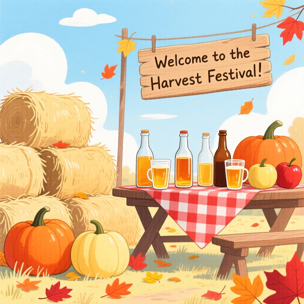 A harvest festival with hay bales, pumpkins, and apple cider, filled with seasonal charm.