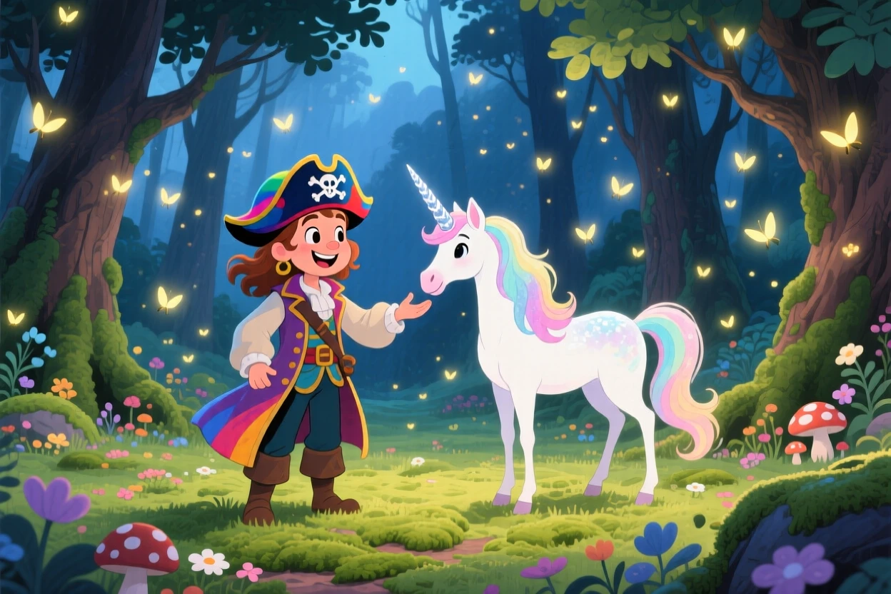 A pirate captain befriending a shy unicorn in an enchanted glade, in an enchanted forest glowing with fireflies, evoking a sense of epic adventure and courage.
