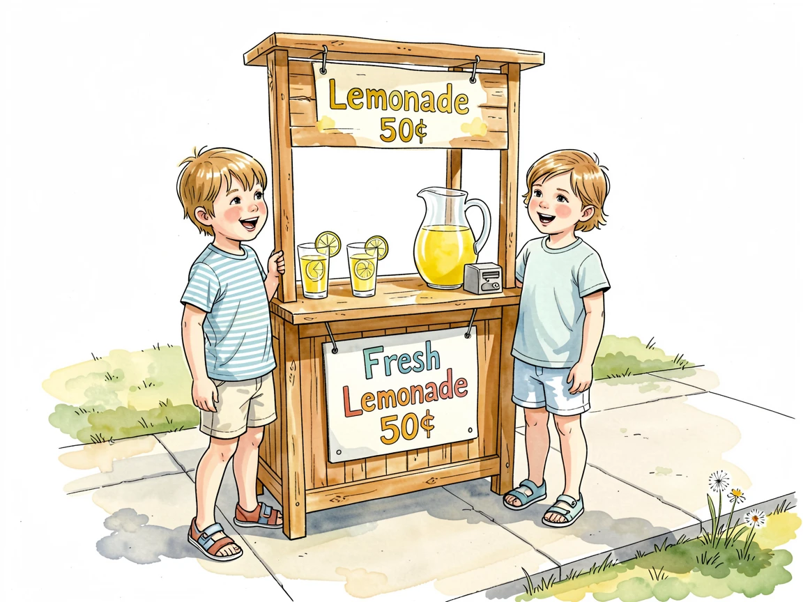 A summer lemonade stand run by two children on a sunny sidewalk, soft light and seasonal color bringing the moment to life.