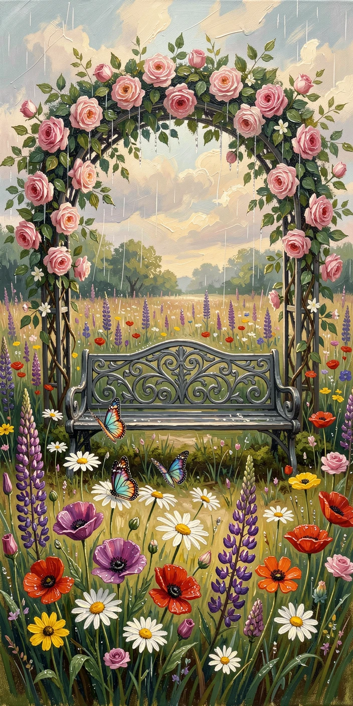 A wildflower meadow bursting with color, butterflies gathering around a cluster of blossoms, with a wrought-iron bench tucked beneath a flowering arbor, just after a light rain, petals beaded with water.