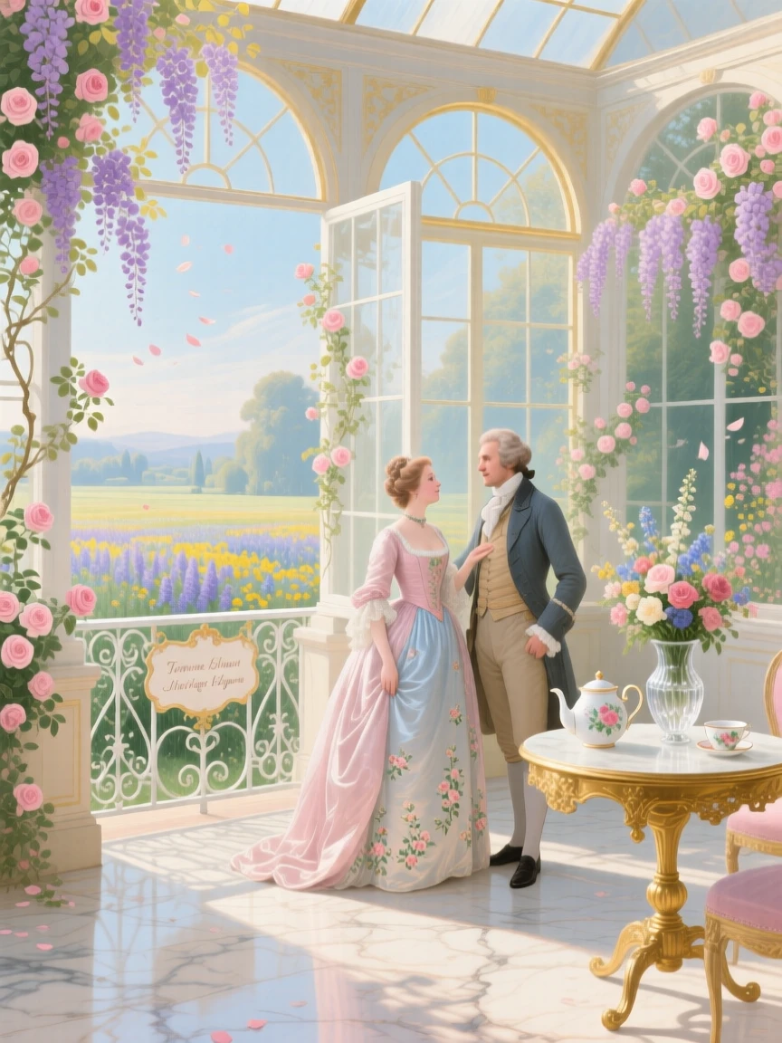 A sunlit conservatory terrace overlooking a field of wildflowers  