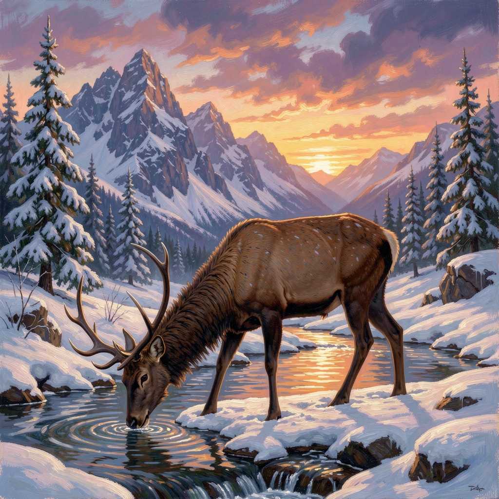 A stag fishes within a snowy mountain ridge as the sun dips below the horizon.