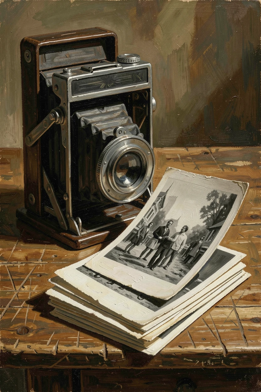A vintage camera resting beside a stack of black and white photographs, as delicate shadows fall across the surrounding surface, radiating warmth, richness, and understated opulence