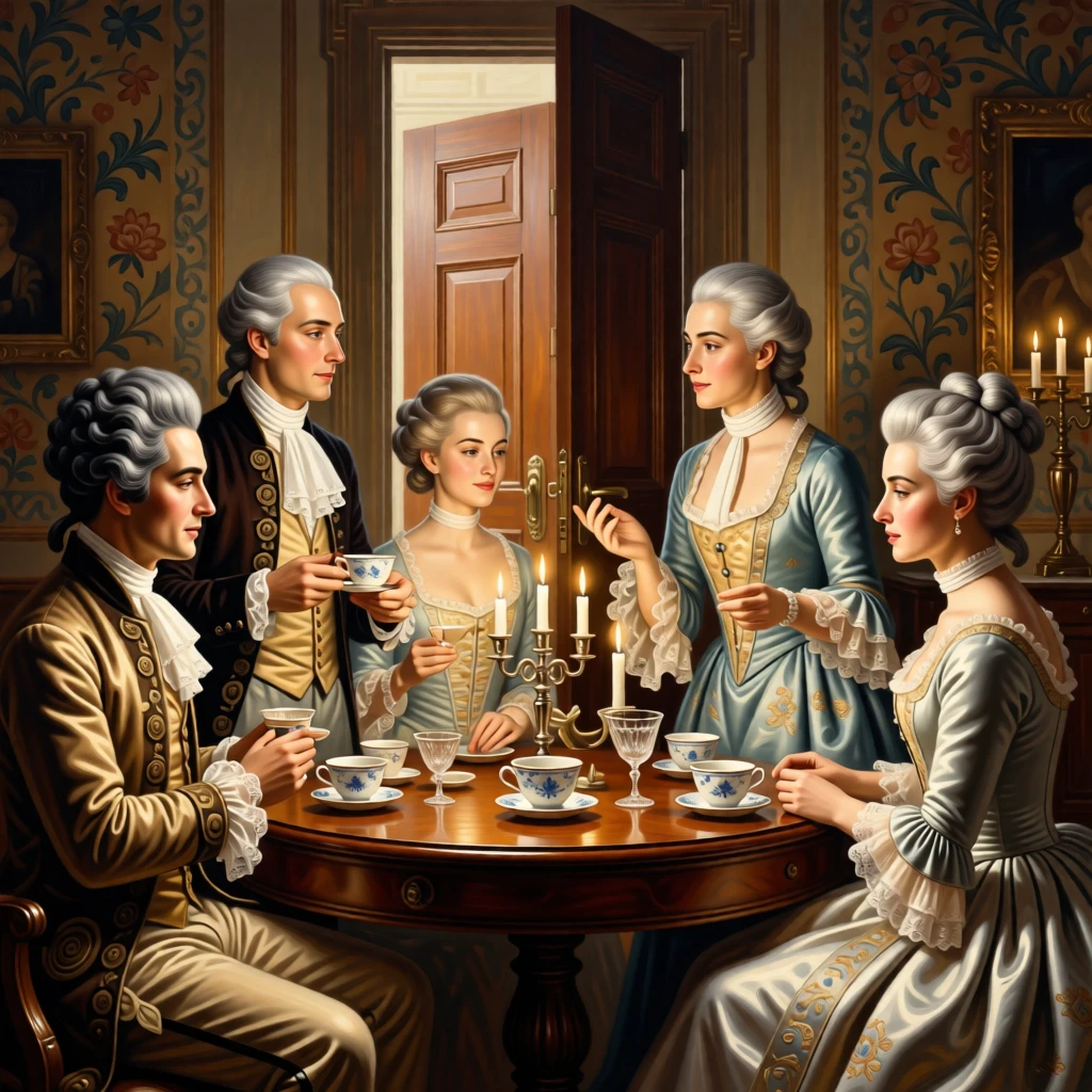 A group of aristocrats engaged in animated conversation over afternoon tea just before the grand doors are thrown open, set in a richly furnished drawing room with tapestried walls, with fine china, crystal goblets, and candelabras adorning the table; warm candlelight pools around the principal figures against a cooler backdrop, suggesting both splendor and the fleeting nature of such moments.
