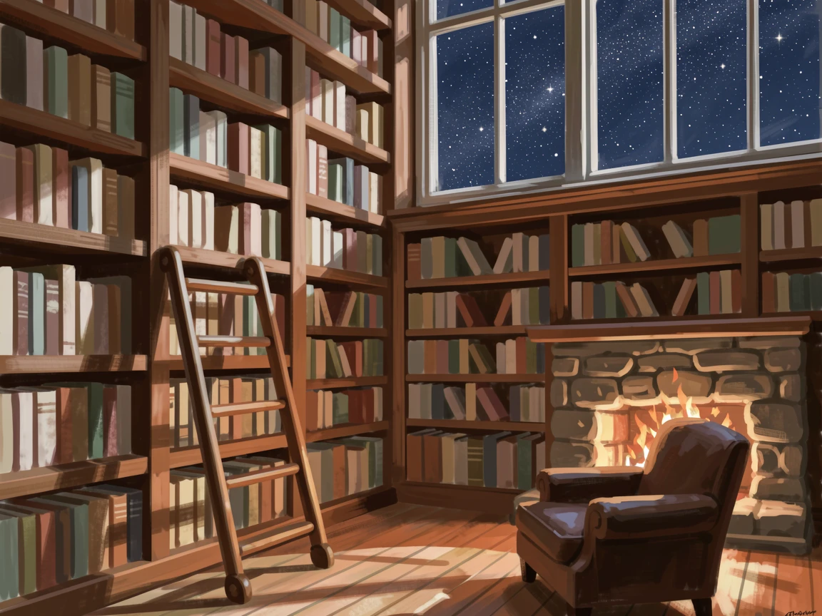 A cozy library with towering bookshelves, a rolling ladder, and a fireplace crackling in the corner, under a canopy of stars.