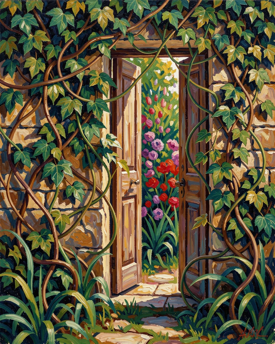 A secret garden hidden behind an ivy-covered stone wall and wooden door.