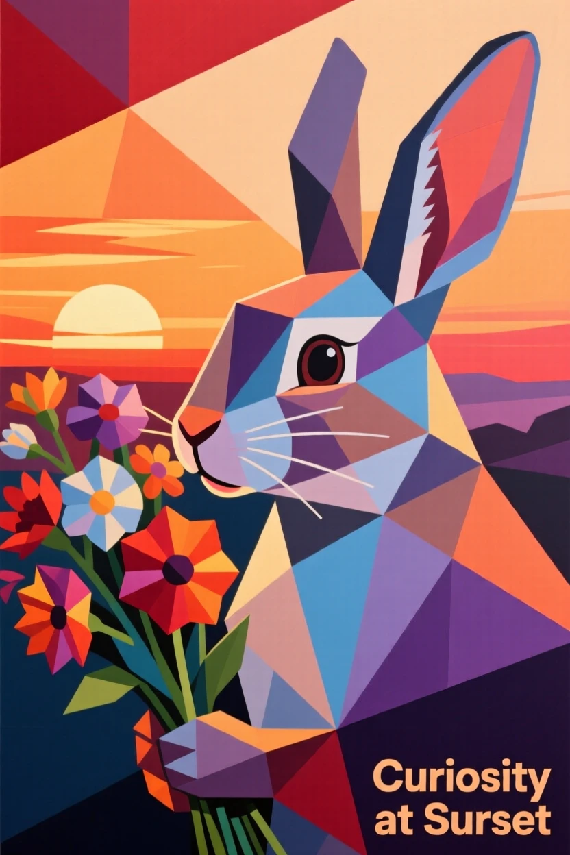 A charming portrait of a curious rabbit sniffing curiously at a bouquet of flowers, just before sunset.
