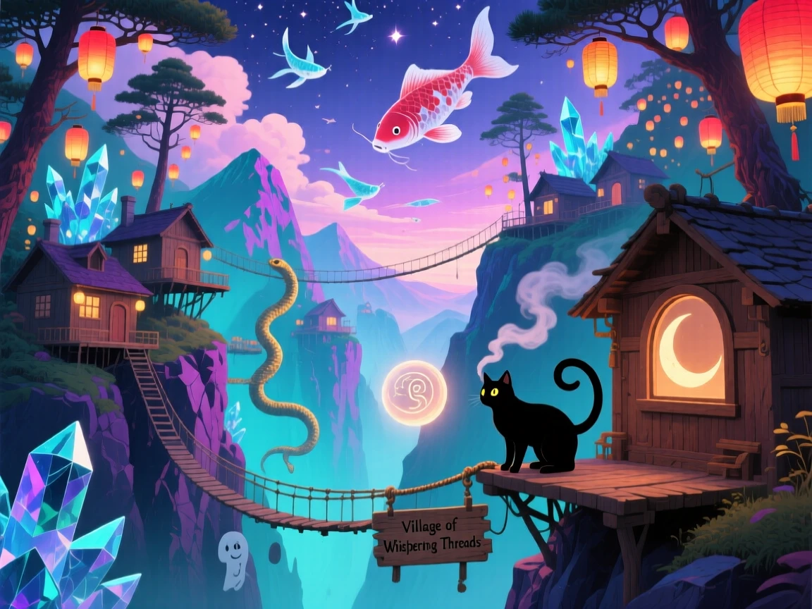 A mountain village connected entirely by rope bridges and lanterns hums gently with the quiet rhythm of everyday life, while a cat watches curiously from an open window.