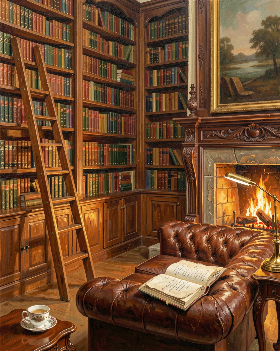 A grand English country manor library shows floor-to-ceiling bookshelves, a rolling ladder, and a leather chesterfield sofa beside a crackling fireplace, the composition balancing grand scale with intimate, human-sized details throughout the frame.
