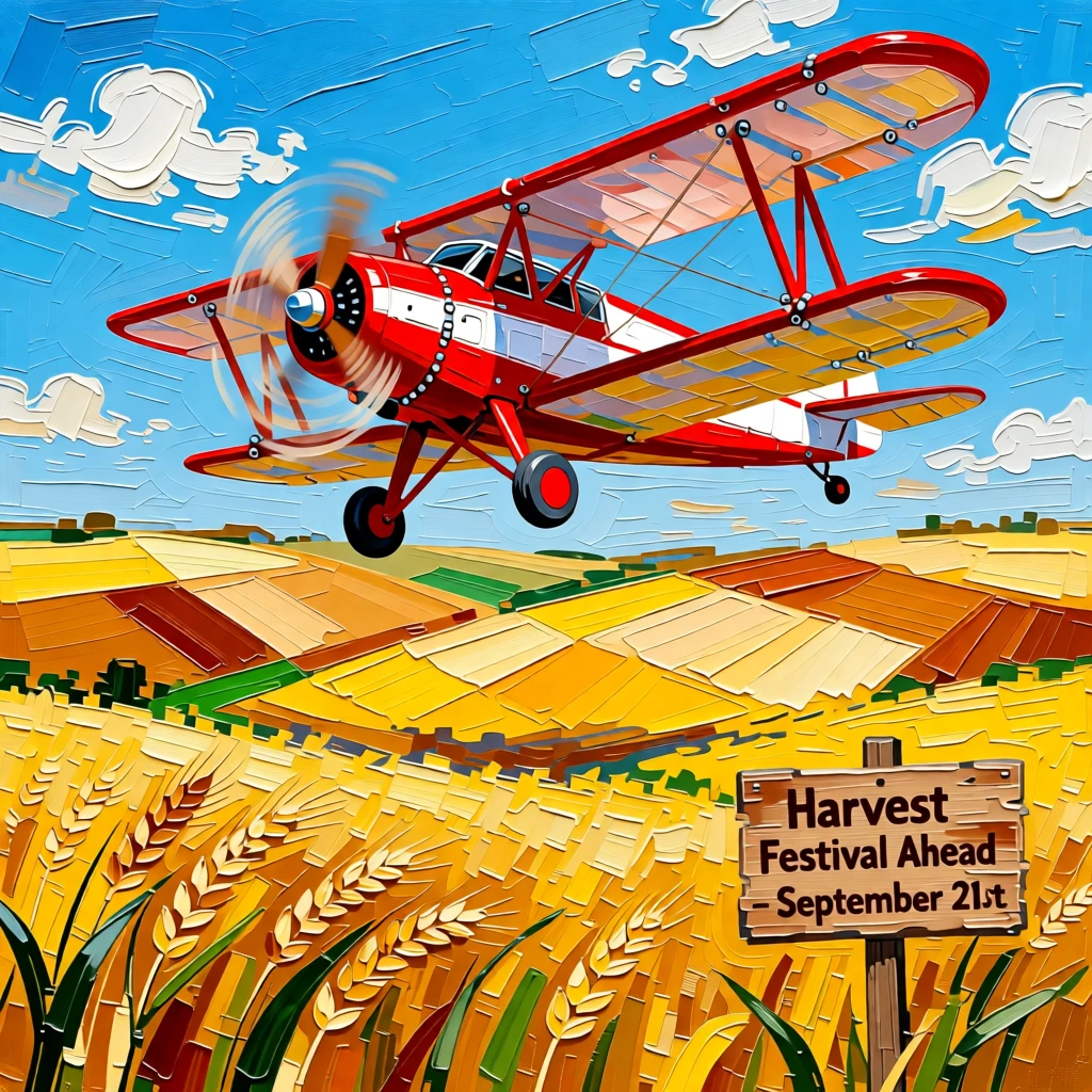 A biplane flying low over a patchwork of golden wheat fields