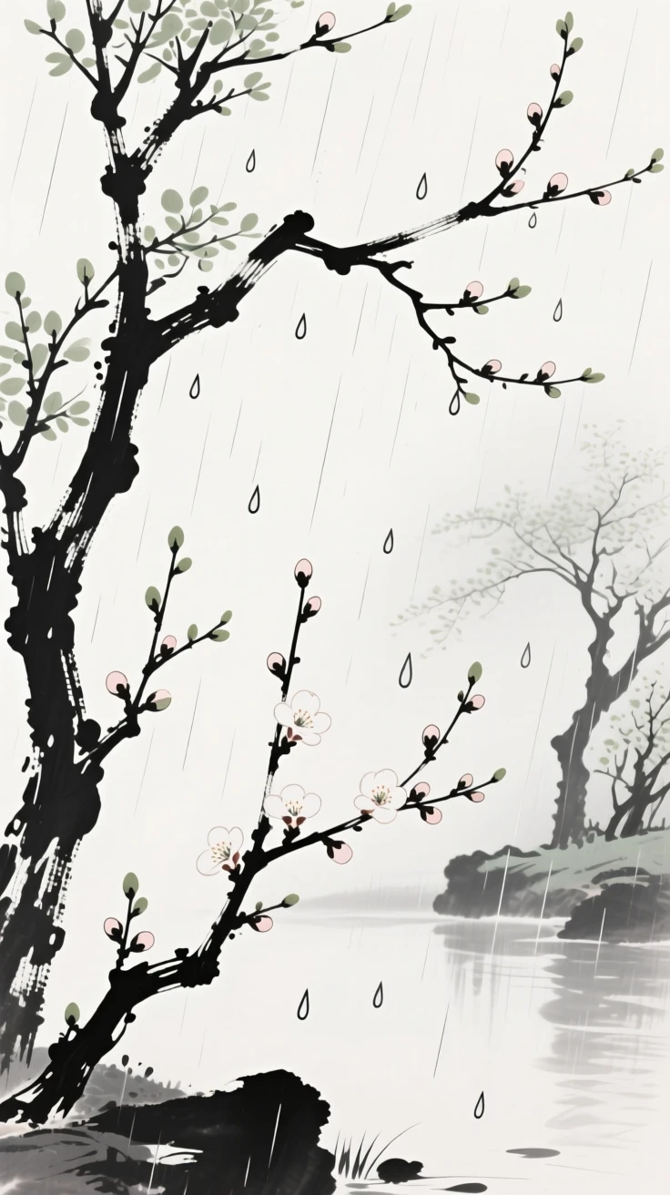A gentle spring rain falls over a garden full of budding trees, as a gentle breeze carries the scent of blossoms.