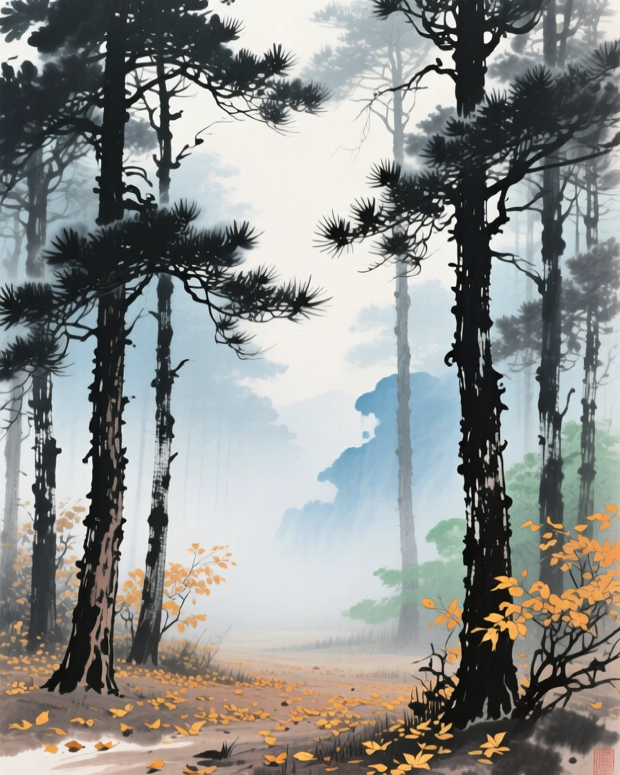 A dense pine forest blanketed in morning fog, in the soft light of late afternoon, as autumn leaves turn golden.