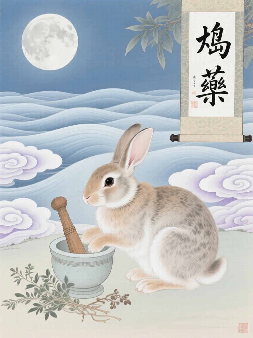 A moon rabbit pounding herbs with a small mortar and pestle above a sea of swirling clouds