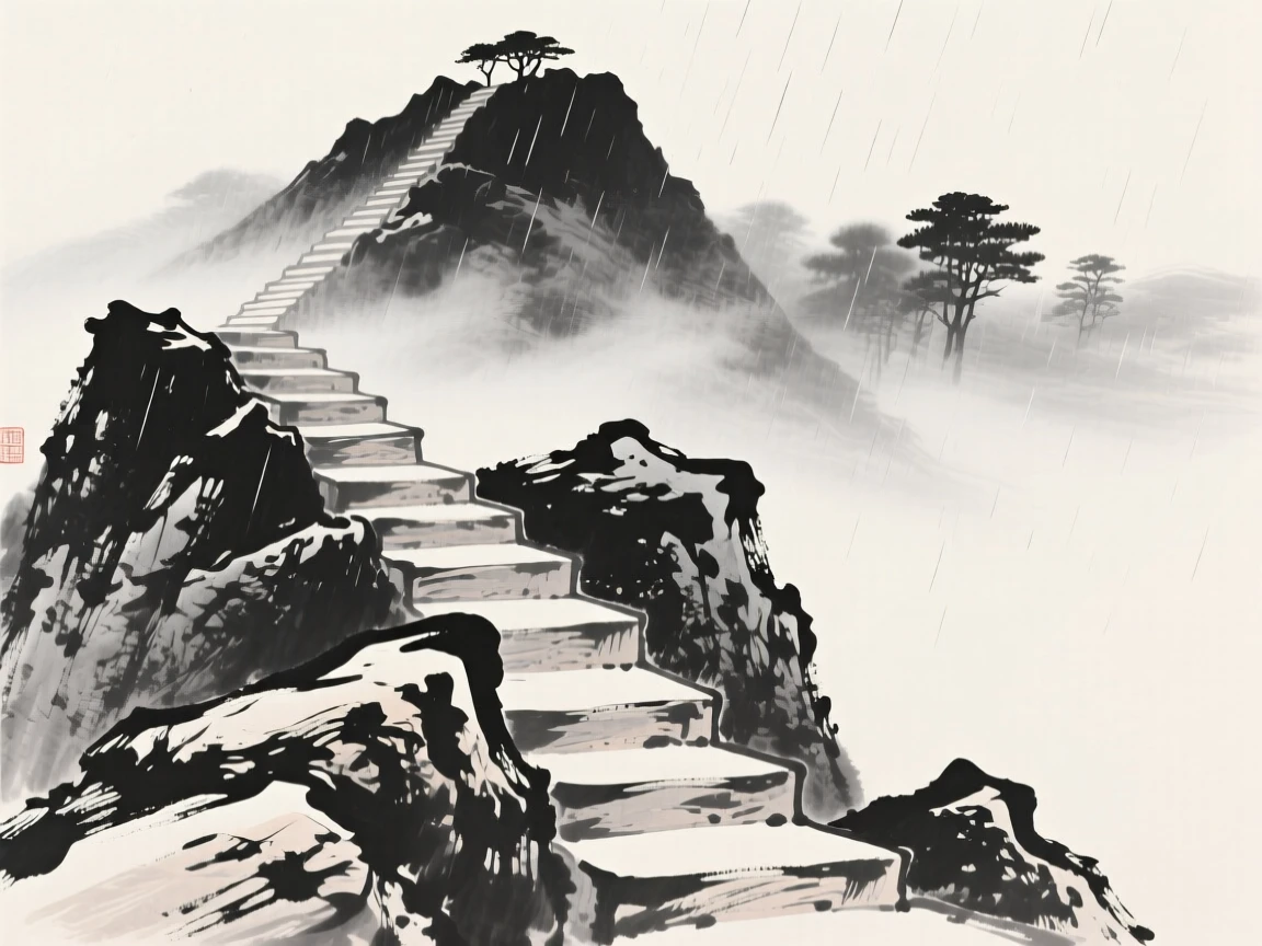 A steep staircase of rock leading up toward a distant summit while a light rain blurs the distant tree line, framed low, with the foreground rocks leading the eye toward the distance, evoking a deep sense of solitude and quiet grandeur.