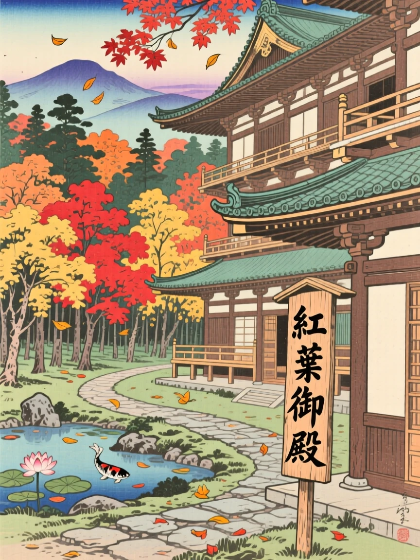 A grand palace courtyard rising above a forest of autumn maples.