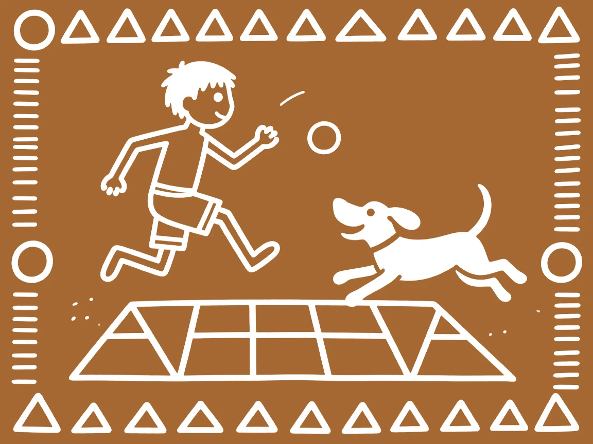 A boy and his pet dog playing a traditional hopping game.
