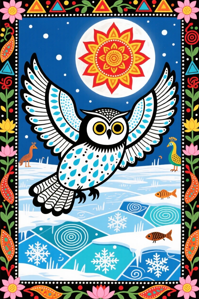A snowy owl gliding silently over a moonlit frozen field.
