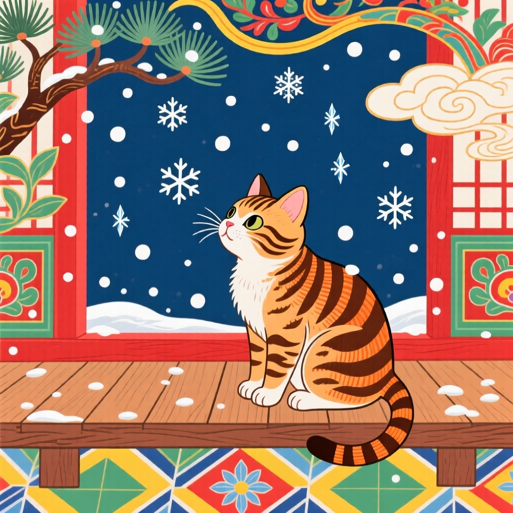 A curious tabby kitten watching snow fall from a porch.