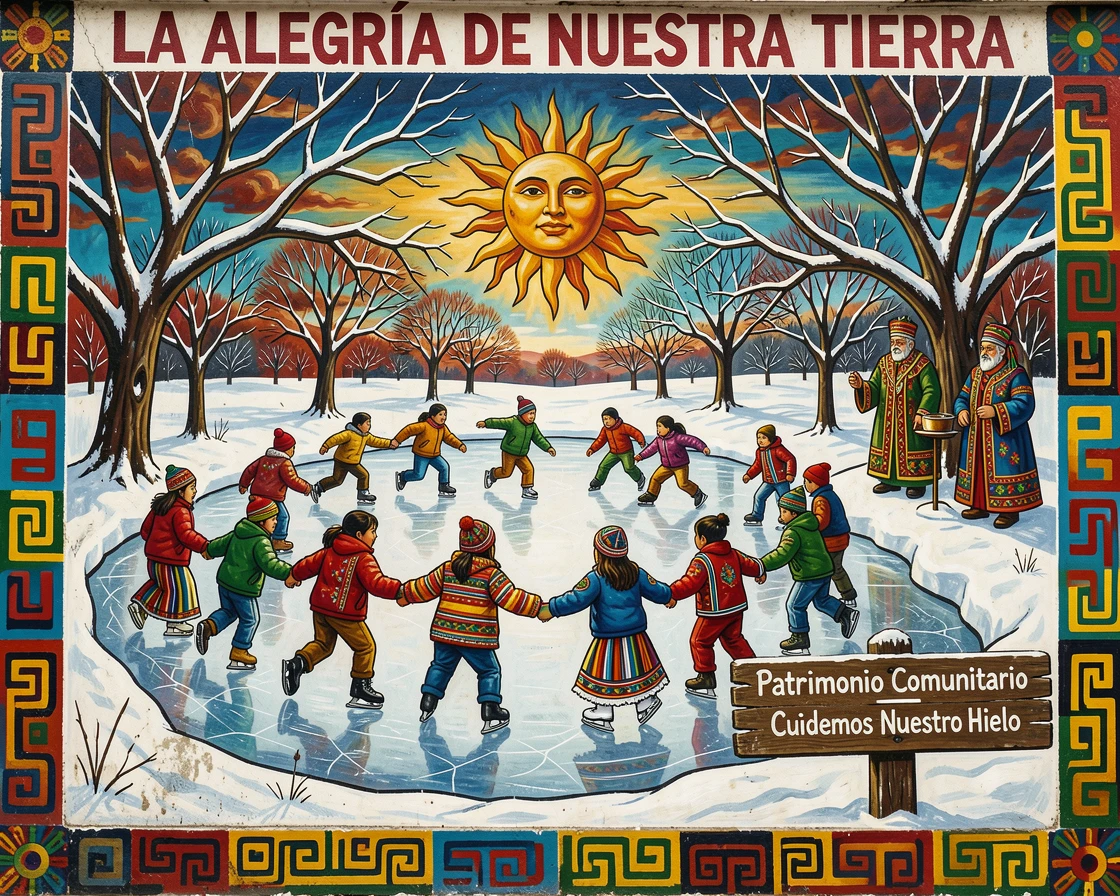 A frozen pond where children skate beneath winter branches