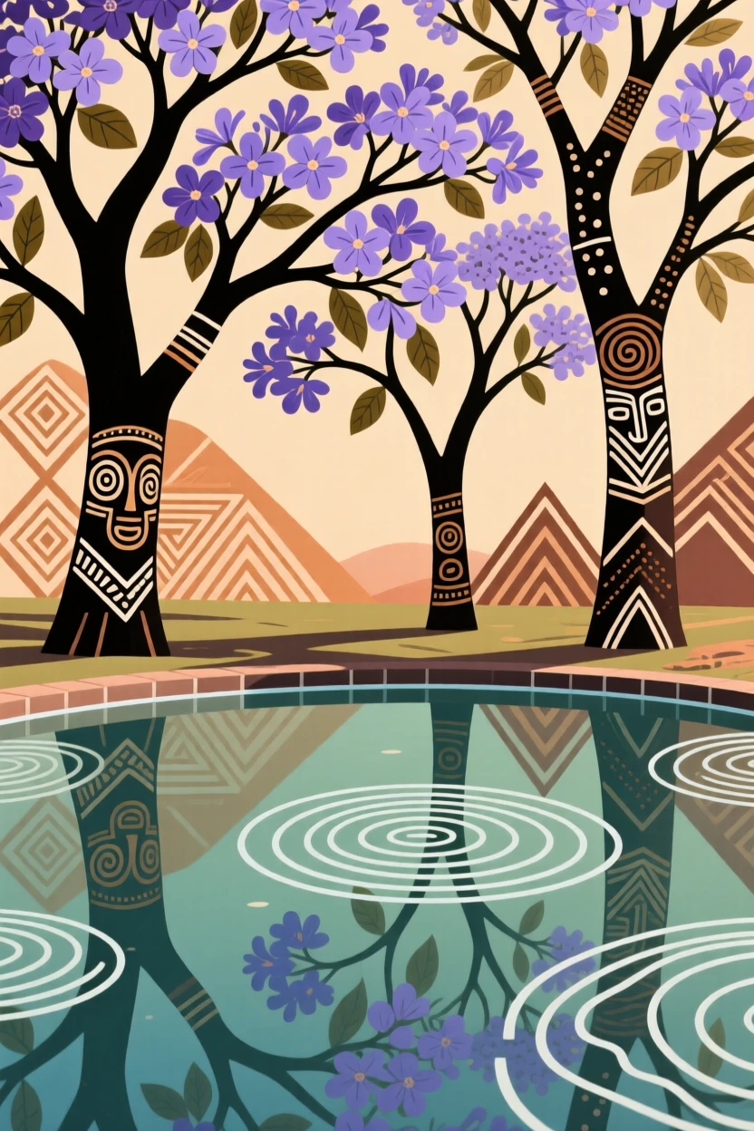A grove of flowering jacaranda trees reflected in the still water of a nearby pool.