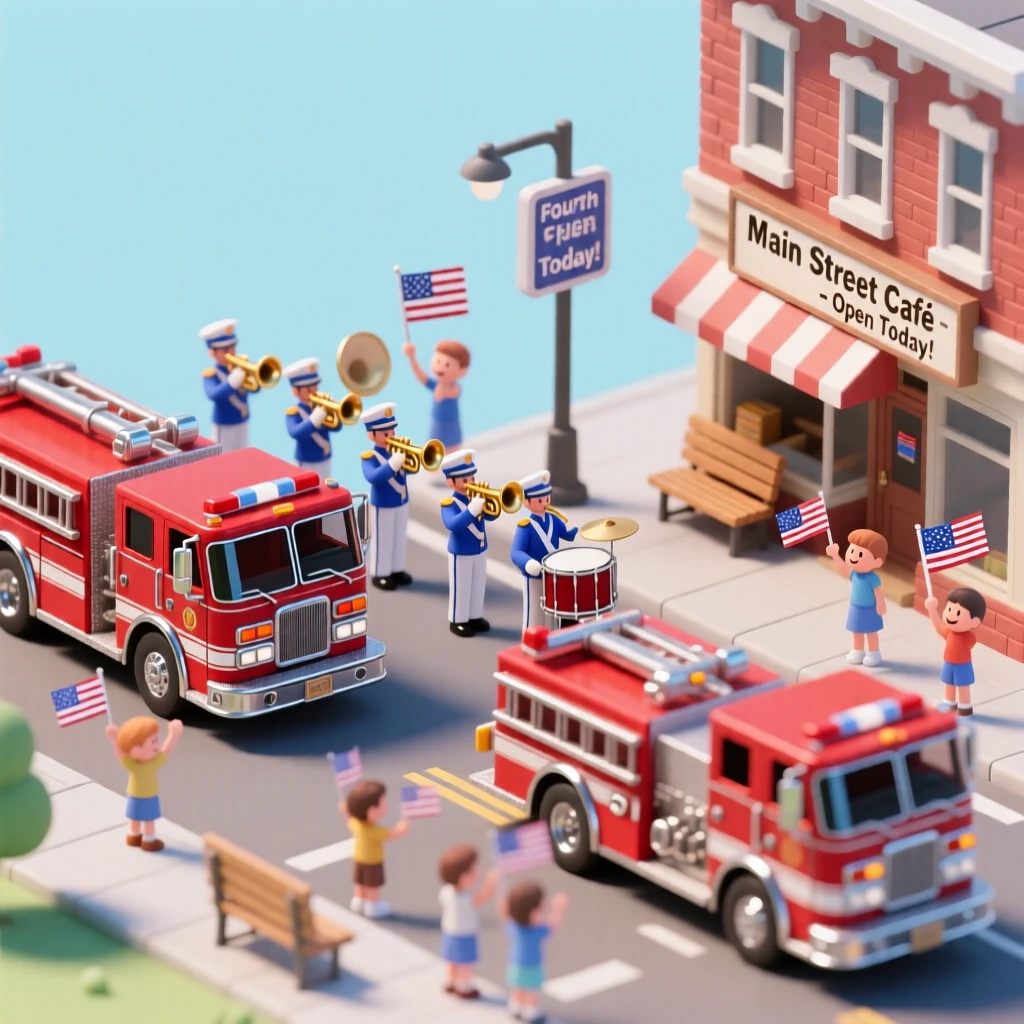 A Fourth of July small-town parade with fire trucks, a marching band, and children waving flags along Main Street.