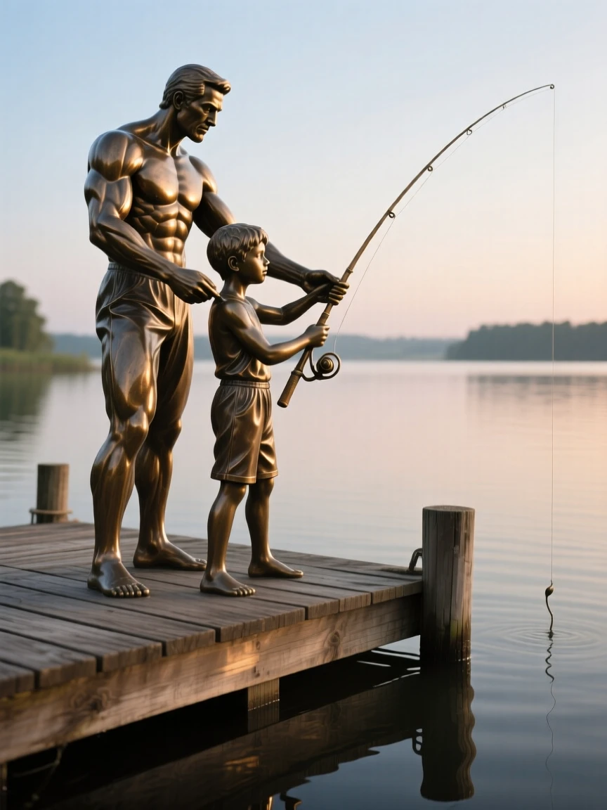 A father and son fishing from a quiet dock at dawn, with muscles tensed in graceful strength, forming a strong central focal point
