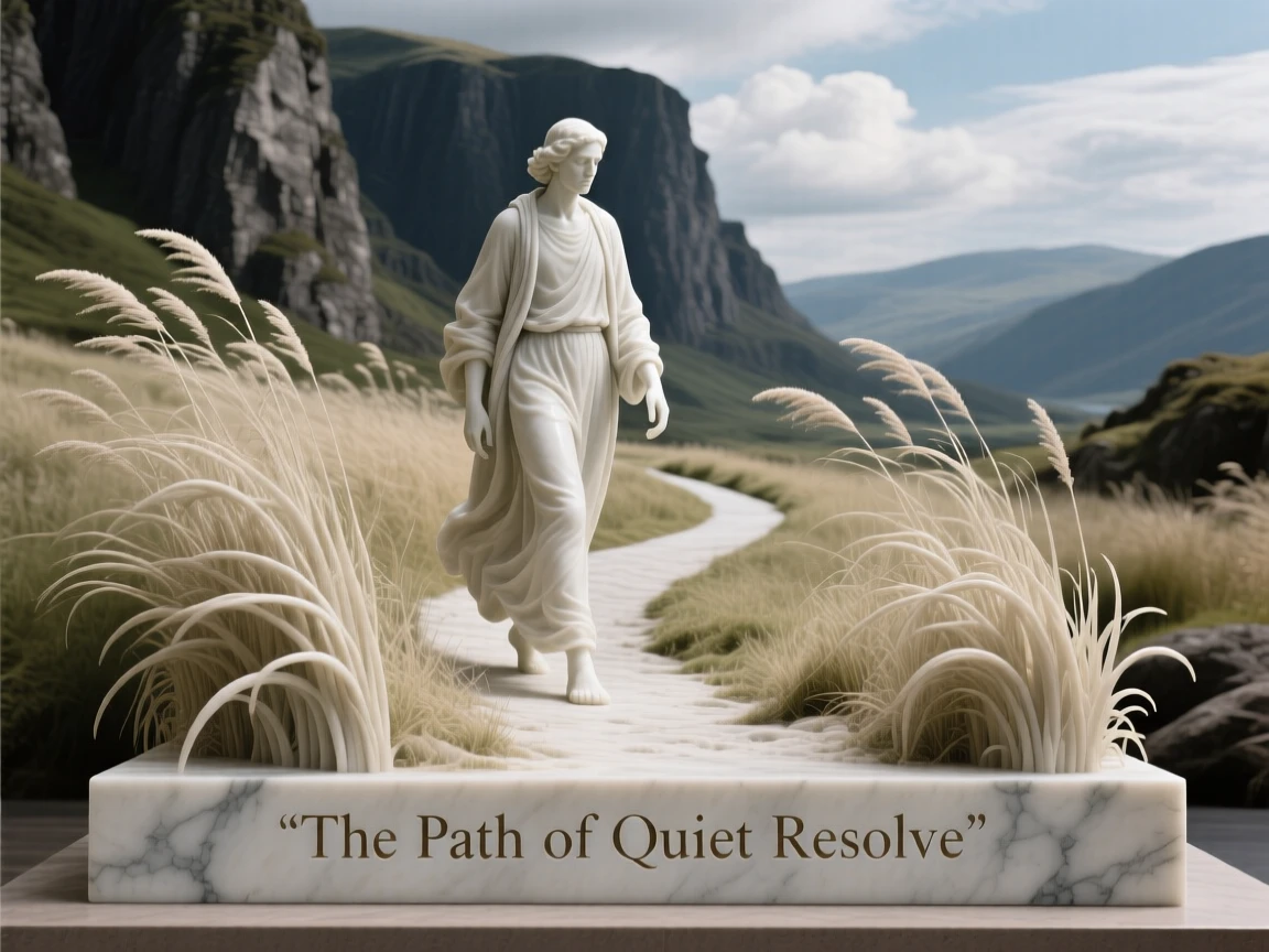 An evocative depiction of a lone wanderer walking a path through tall grass, framed by dramatic natural scenery, balancing detail with emotional depth