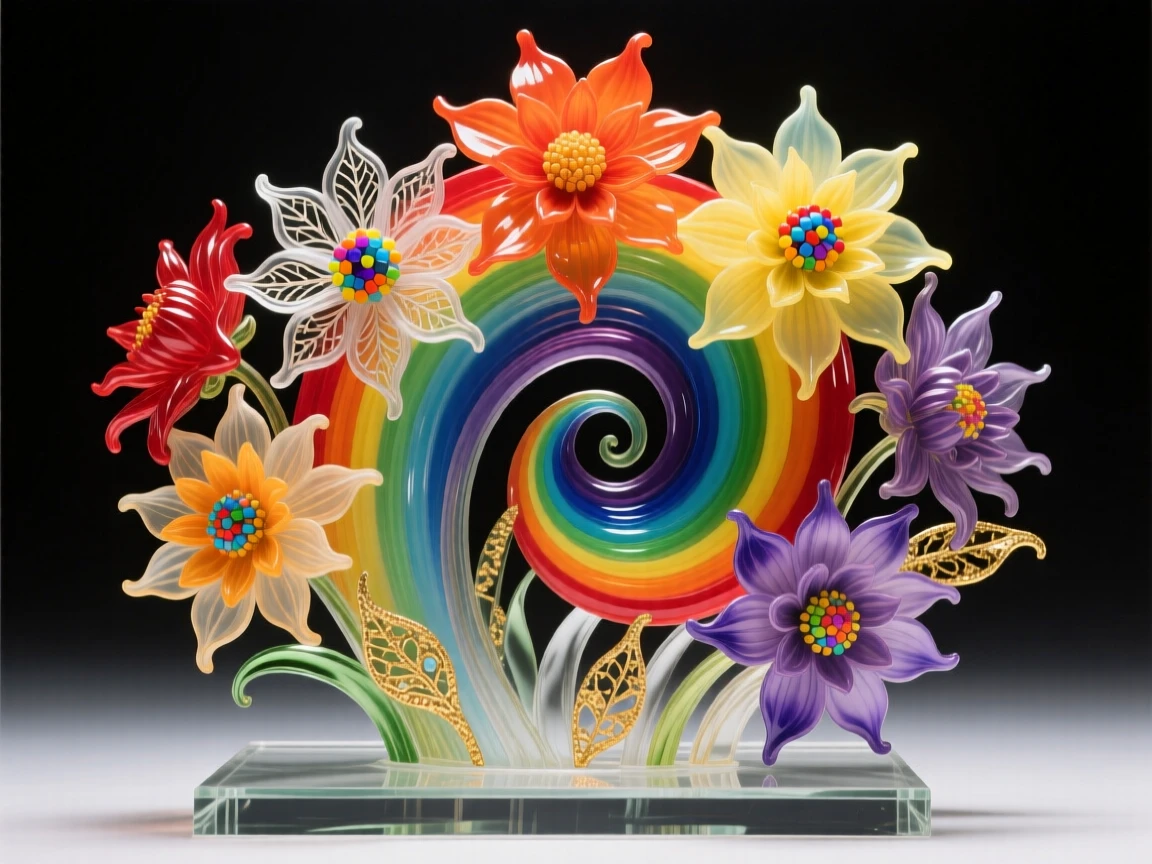 A field of blooming dahlias arranged in a spiraling rainbow pattern, intricate and vivid.