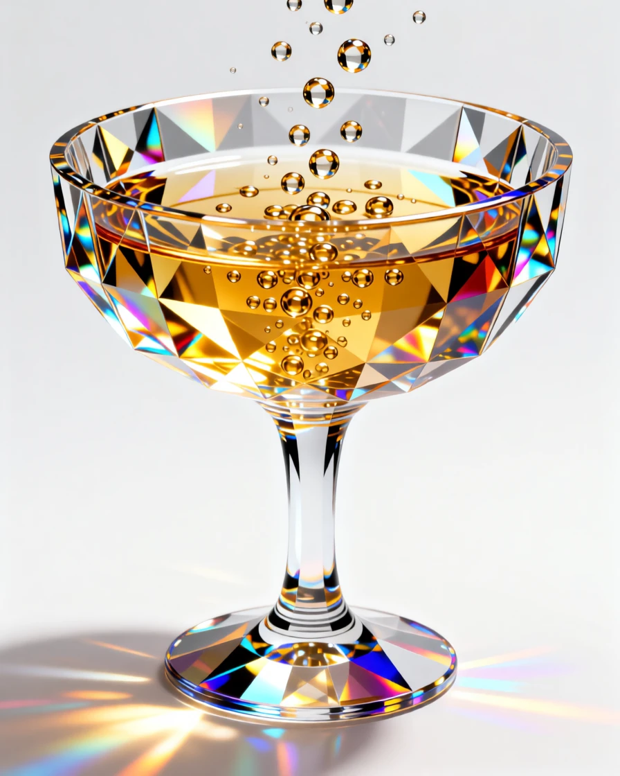 A designer champagne coupe filled with sparkling gold liquid, bubbles rising.