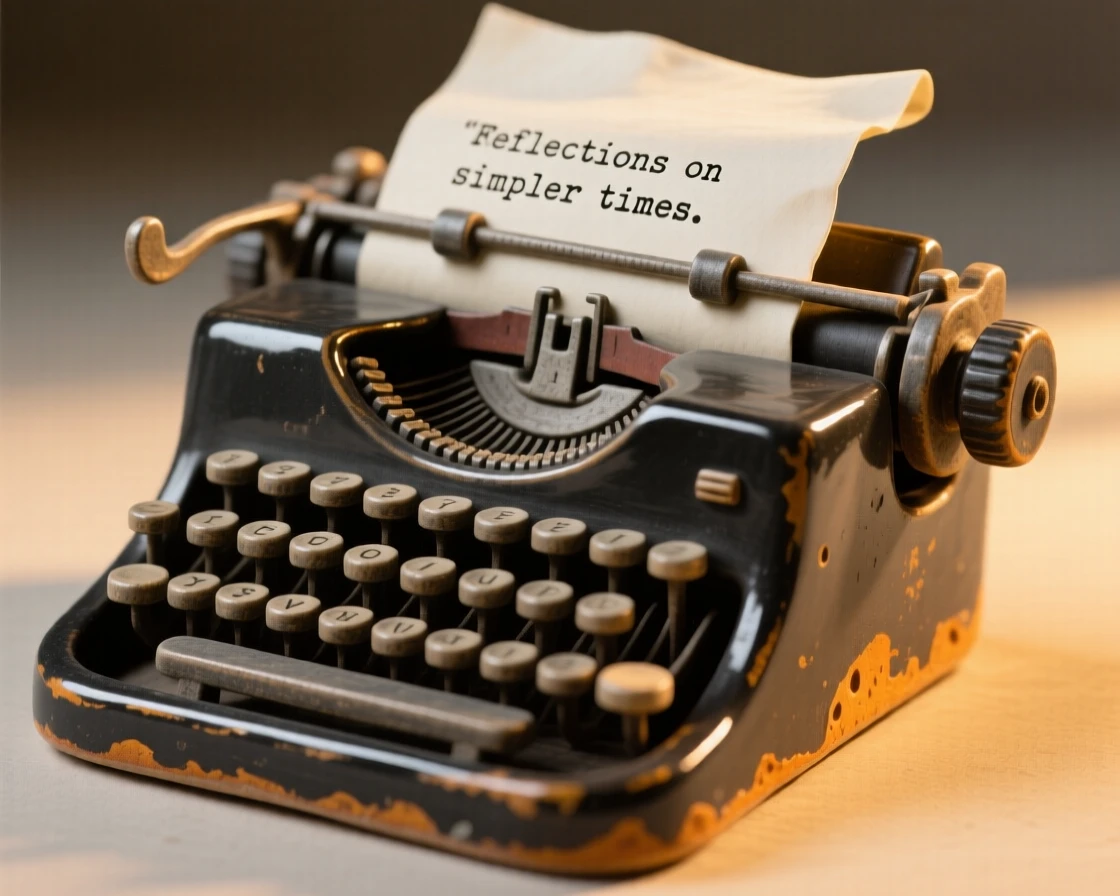 A vintage typewriter with a page mid-type posed as if just set down a moment ago, bathed in a nostalgic golden glow, stirring fond memories of simpler times.