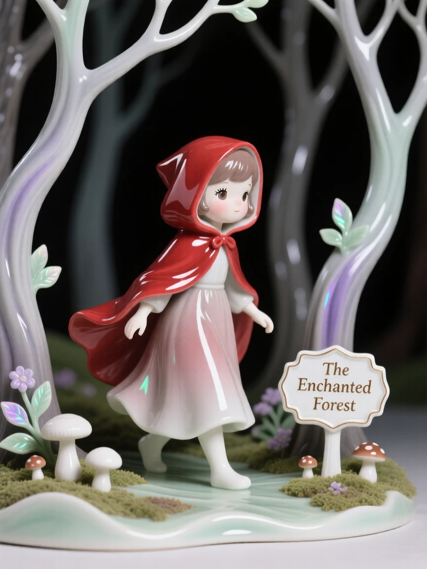 A storybook depiction of Little Red Riding Hood walking through a shadowy enchanted wood, full of gentle storybook wonder.