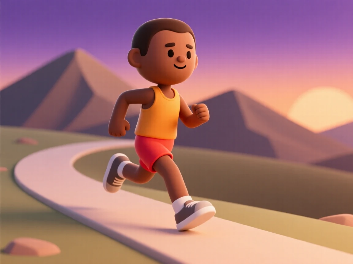 A determined Ethiopian long-distance runner strides confidently along a dusty mountain trail at sunrise, breath steady and calm.