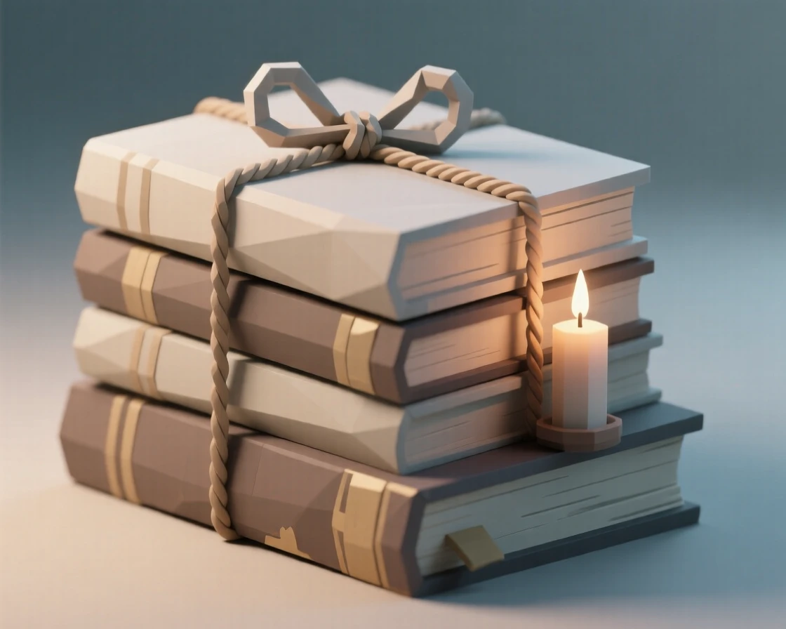 A stack of old books tied with twine, in the soft glow of candlelight. the composition uses a balanced, classic still-life arrangement. It evokes a feeling of gentle nostalgia.
