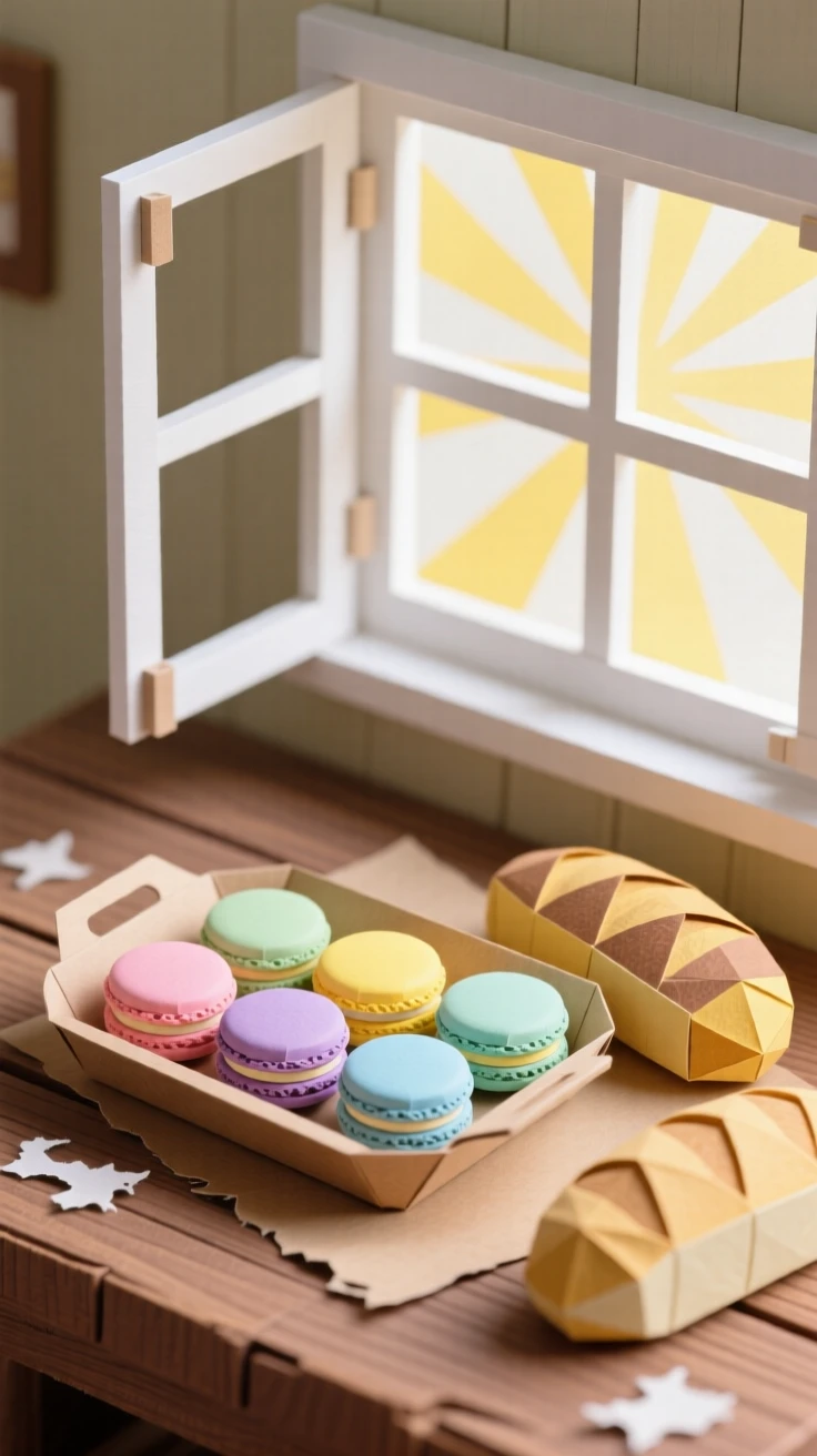 A tray of colorful macarons arranged beside a sunlit window, with warm bread resting alongside, evoking comfort and rich flavor.