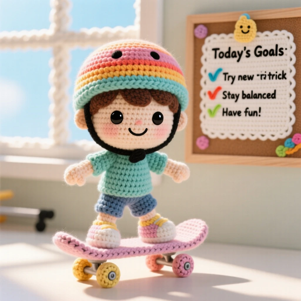 a small boy riding a skateboard, with a helmet and confident grin, gliding smoothly down a quiet path, in a sunlit studio with large windows, with a cheerful checklist pinned to a board, radiating focused determination and quiet pride.