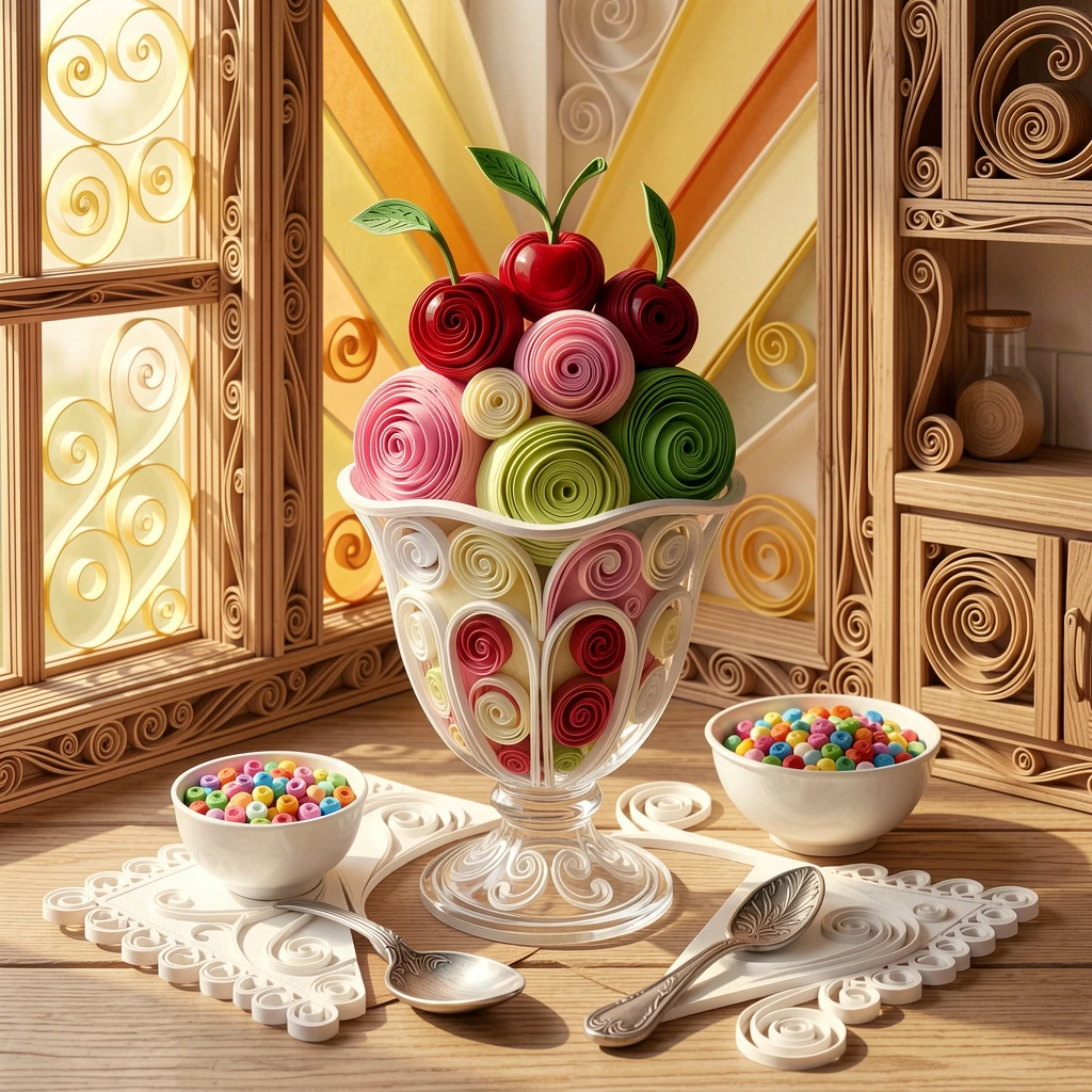 a colorful ice cream sundae with cherries on top, beside a sunlit kitchen window, arranged with complementary props scattered around, with soft golden light highlighting every texture.