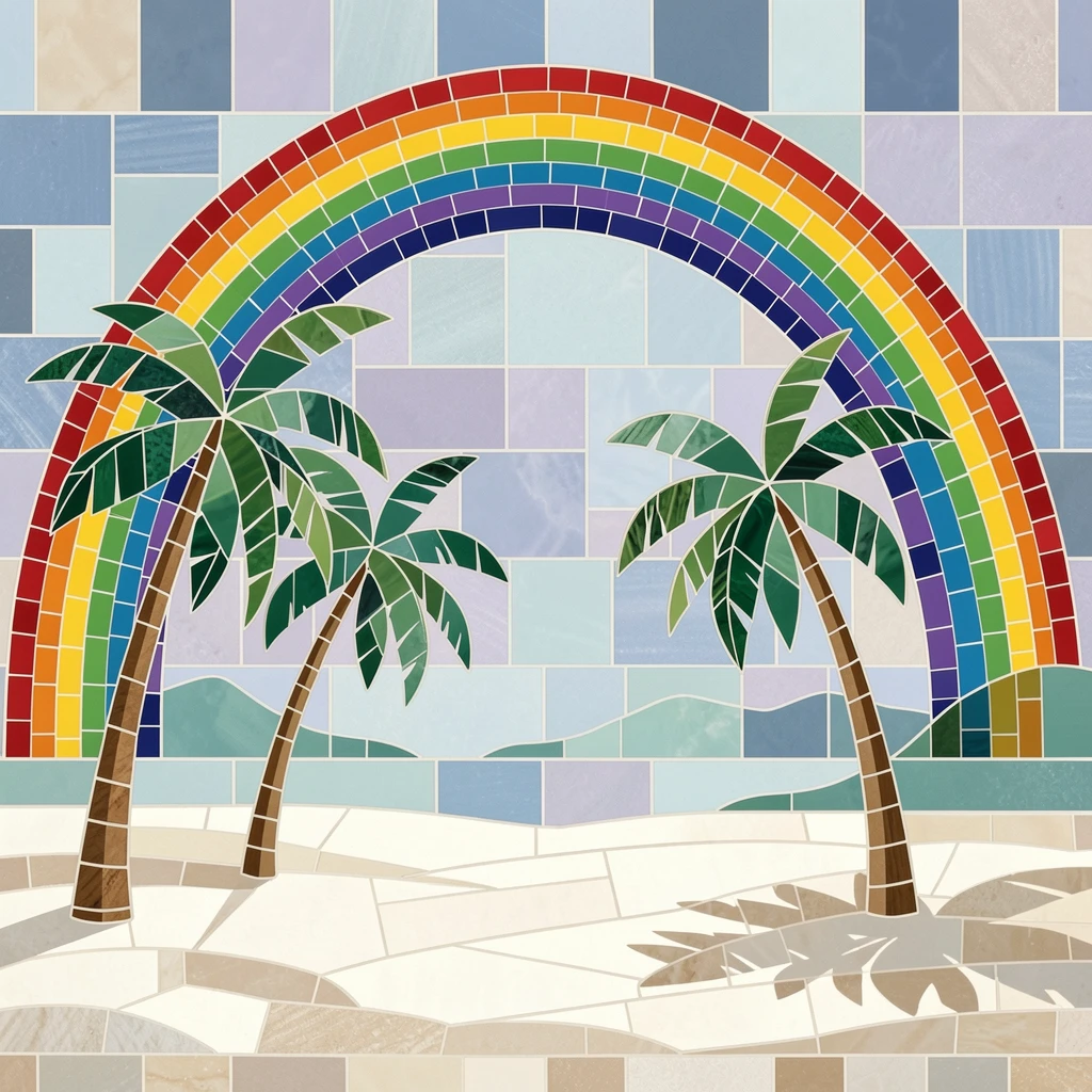 A tropical island beach with white sand and gently swaying palm trees, illuminated by a dramatic double rainbow after rain.