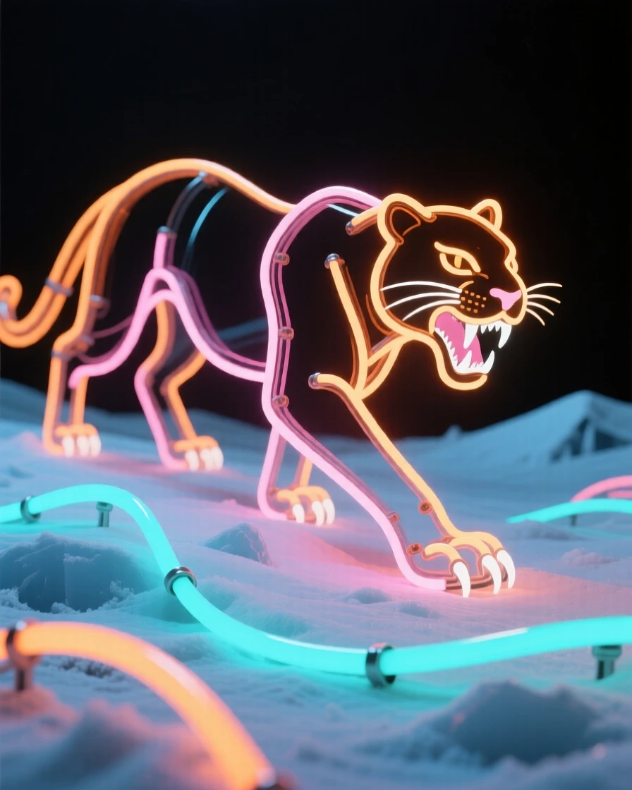 A saber-toothed cat stalking prey across a frozen tundra.