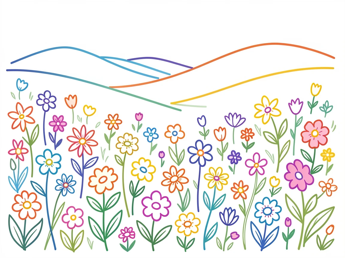 A field of blooming wildflowers stretching toward distant rolling hills.