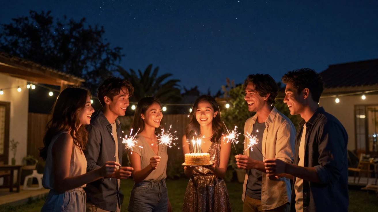 A group of friends celebrating a birthday with sparklers under a starry sky