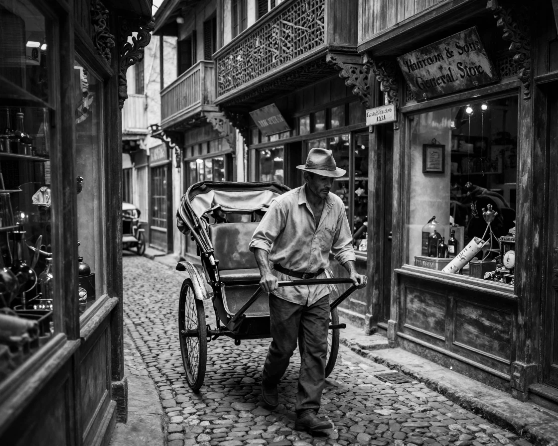 A rickshaw puller navigates a maze of narrow lanes past centuries-old shopfronts.