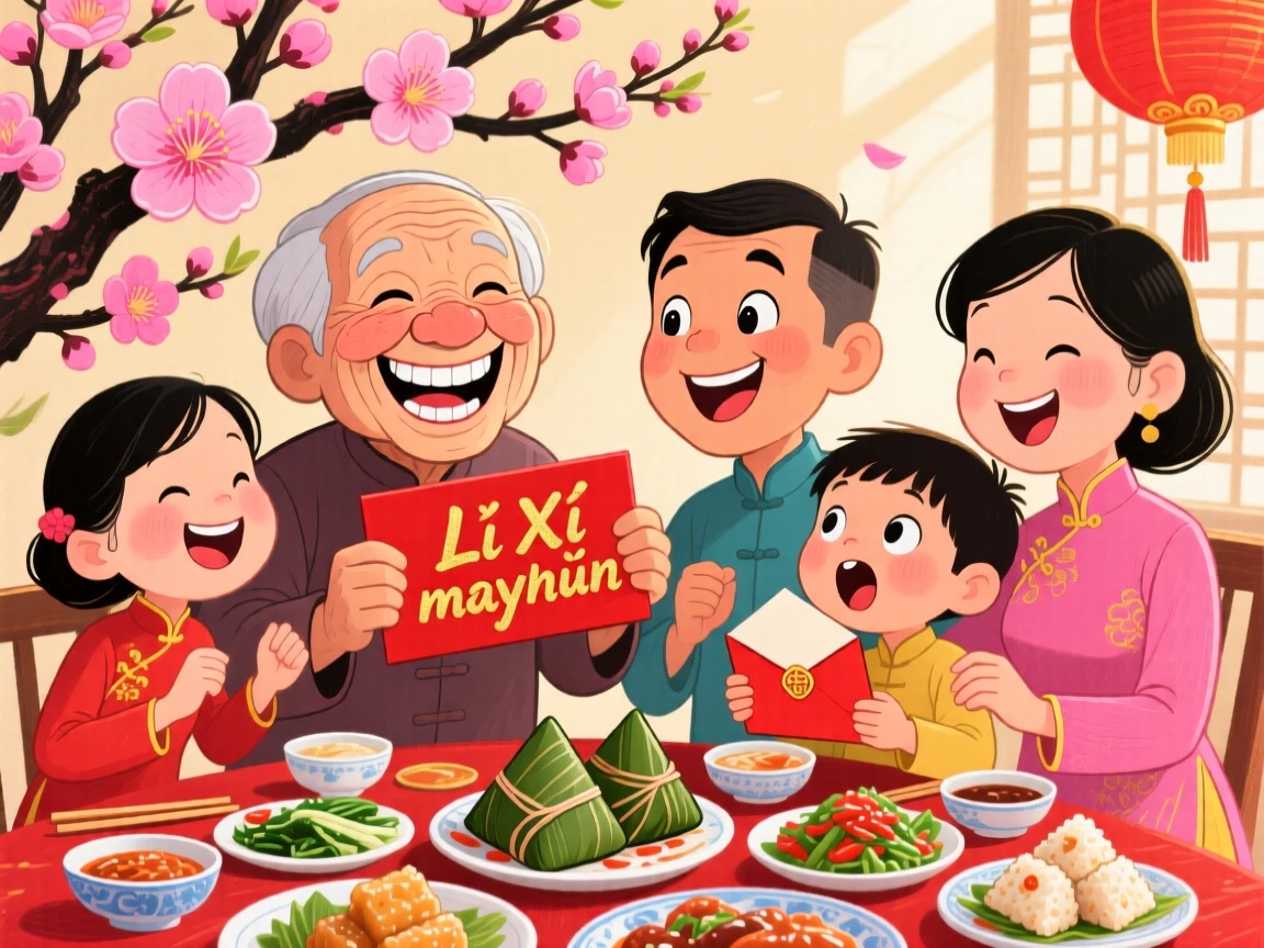 A family celebrating a traditional Vietnamese Tet holiday with blooming peach blossoms.
