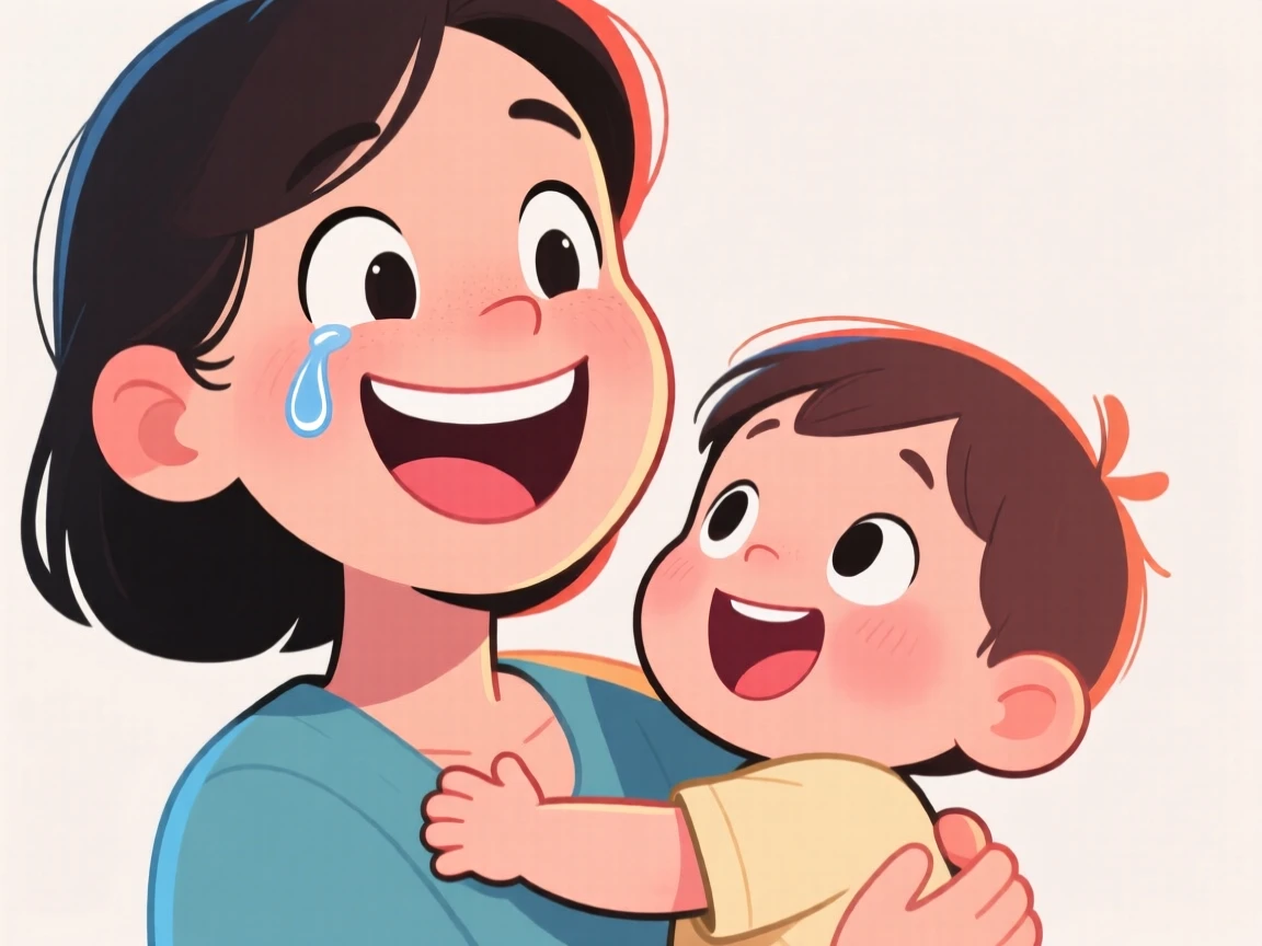 A heartwarming moment depicting a new parent reuniting after years apart, with a single joyful tear rolling down a cheek.
