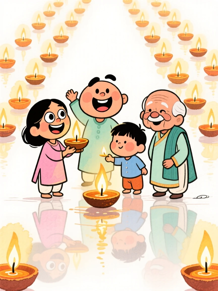 A joyful celebration scene of a festive Diwali scene with rows of glowing oil lamps, glowing with soft festive light